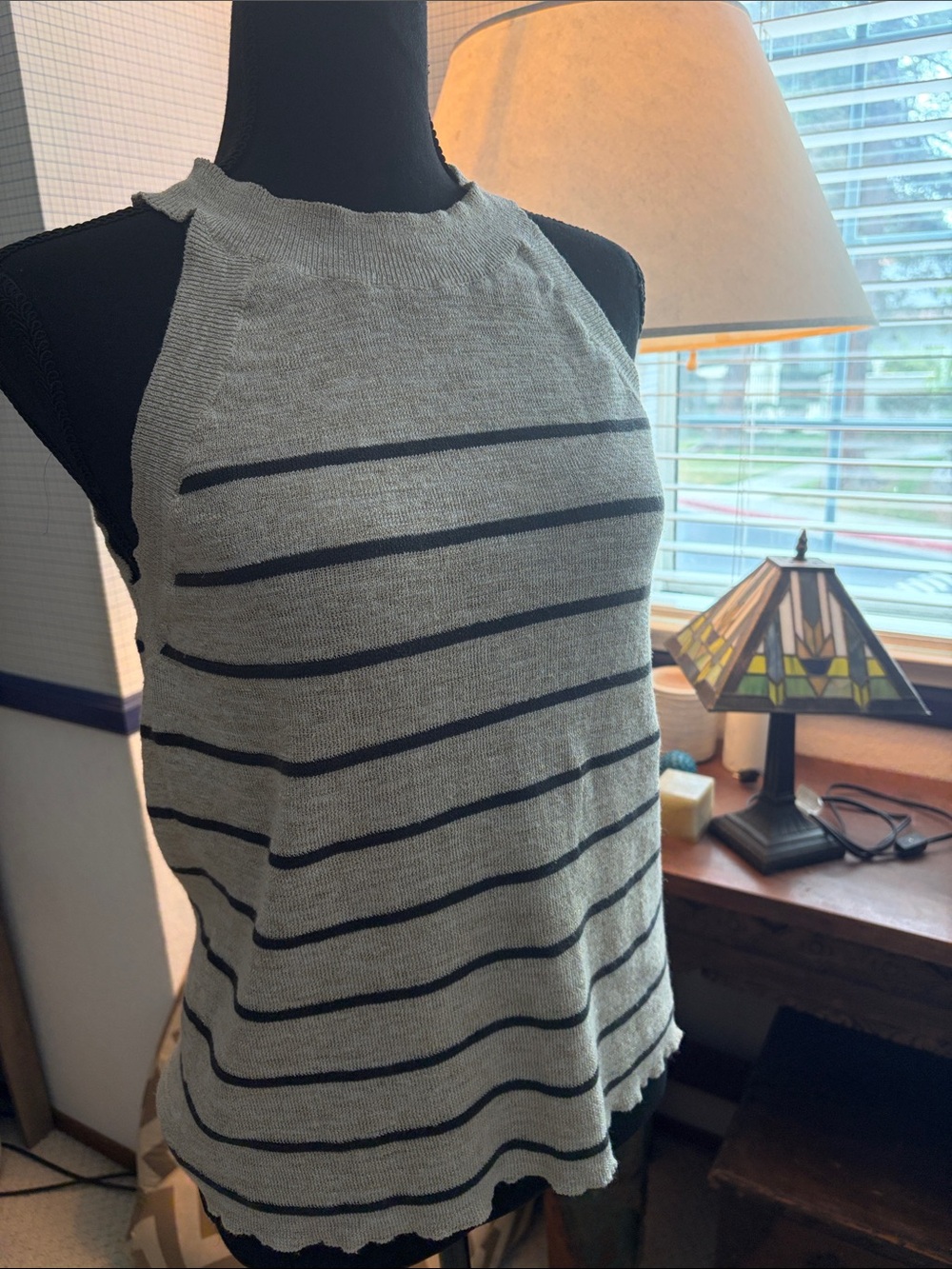 Brunello Cucinelli Sleeveless Striped Knit Tank Top - Gray with Black Stripes